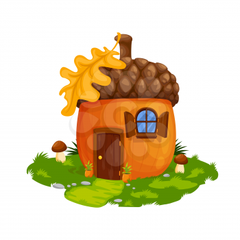 Fairy acorn dwarf or gnome house, dwelling. Vector fairytale home with wooden door, windows with shutters and oak leaf on roof. Cute cartoon fantasy building on green field with grass and mushrooms