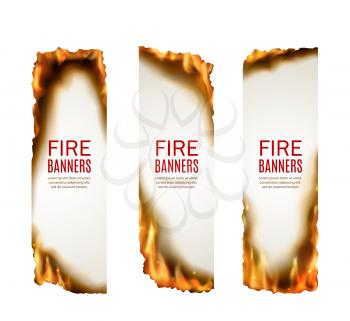 Fire burning flame banners. Hot sale advertisement, burning offer of deal promotion vertical posters, price drop flyers design with realistic vector white sheet of paper sides and edges in flames