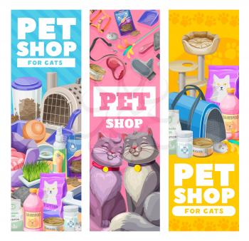 Pet care banners, cat care items and toys. Vector zoo shop goods for cats and kitten. Equipment for feline domestic animals feed, bag and grass, leash with shampoo and claw sharpener ad promo cards