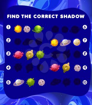 Cartoon space planets shadow matching game. Vector kids riddle find correct silhouette. Logic test for children with galaxy planets, worksheet task for preschool or school educational lesson activity