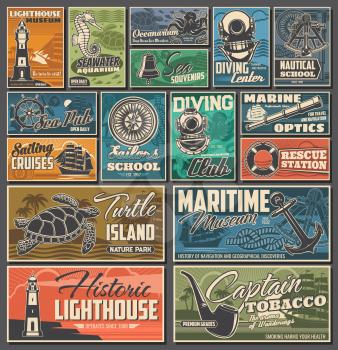 Nautical and marine vintage posters. Diving club, maritime history museum and rescue station, sailing cruises, oceanarium aquariums and turtle island nature park, nautical school retro banners
