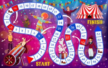 Boardgame with shapito circus performers, kids tabletop game, vector template. Kids cartoon track move and dice board game with circus clowns and animals, children entertainment and brain activity