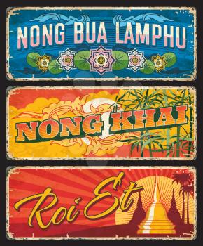 Nong Bua Lamphu, Nong Khai and Roi Et vector plates with Thailand province seal ornaments of lotus flower pond, Buddhist shrine stupas and bamboo plants. Thai travel tin plates, Asian tourism stickers