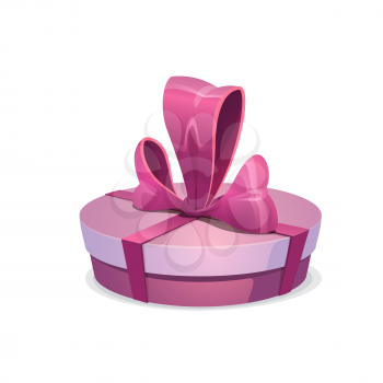 Round pink gift box with bow, vector present wrapped with sumptuous ribbon. Cartoon giftbox for festive event Christmas, Valentine Day, Birthday or New Year celebration isolated on white background