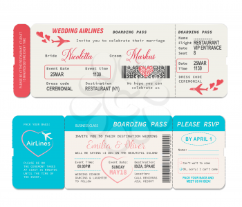 Boarding pass tickets, wedding invitation vector template. Wedding airline flight boardpass card, air travel coupon or passport, wedding ceremony or marriage vacation invite design with hearts