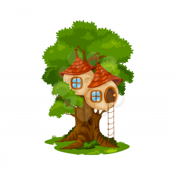 Fairy house or dwelling on oak tree. Cartoon vector fairytale creature hut on tree, dwarf or elf home, fantasy house, hided mysterious treehouse in forest with rope ladder and tiled roof