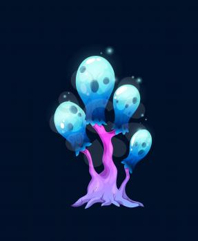 Fantasy magic sparkling blue mushroom, vector fungi of unusual shape with pink stipe and glow bulb shaped caps. Natural element for fairy tale or computer game interface, cartoon strange alien plant