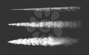 Airplane chemtrails and plane steam jets or air smoke trails vector realistic. Air plane contrails or spaceship rocket smoke trail tracks and smog traces, smoky flow white clouds
