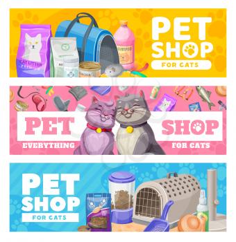 Pet care banners, cat care items and toys. Vector ad promo for zoo shop with goods for cats and kitten. Equipment for feline domestic animals feed, bag and comb, leash with scoop and claw sharpener