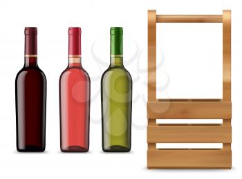 Isolated wine bottles and wooden case or box. Vector blank glass flasks with red, pink and white alcohol drink on white background. element for advertising design, realistic 3d mockup front view