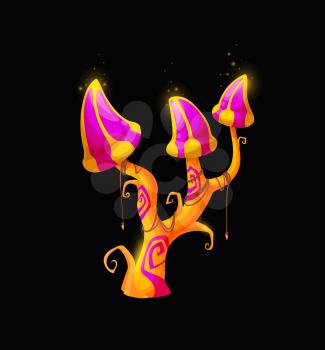 Fantasy fairy magic cartoon mushrooms, vector unusual fungi of pink and yellow colors with curly outgrowth on stipe and bright glowing caps. Fairytale element for ui game interface, alien plant
