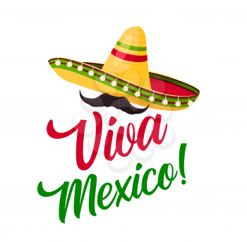 Viva Mexico, sombrero with mustaches vector icon for Mexican fiesta party. Mexico holiday or traditional carnival celebration viva sign with mustaches and sombrero with flag ornament