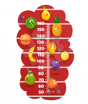 Happy fruits on stadium tracks kids height chart. Vector growth meter with cute cartoon characters pear, watermelon, banana and orange with plum or mango with lemon healthy lifestyle, sport activity