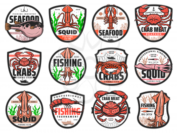 Sea fishing vector icons for seafood restaurant, fishing club catch tournament and fishery store. Sea crab, ocean lobster and squid, shrimp or prawn with puffer fish isolated emblems or labels set