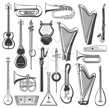 Musical instruments isolated vector tuba, harp and balalaika, klappenhorn, clarinet alto or tar. Kemanche, chattar and tanbur sharke, cornet, gusli, saz and trumpet music instruments monochrome set