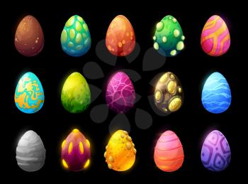 Dinosaur and reptile cartoon eggs, game asset vector set. Dragon eggs with colorful textured shell, pimpled, glowing scales and power energy lightnings and pattern. Isolated magic ui graphic objects