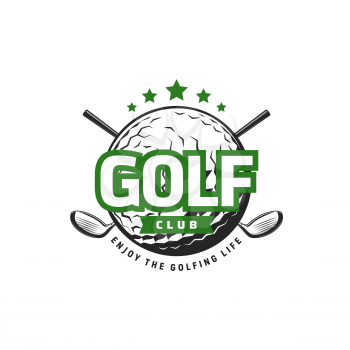 Golf sport icon with crossed clubs and ball. Vector golfer equipment isolated symbol of driver or wedge clubs, ball and green stars, golf sport club, sporting tournament and outdoor hobby design