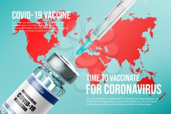 Coronavirus vaccine and vaccination in the world. Vector countries map, vaccine bottle and syringe. Time to vaccine corona virus prevention with shot for injection, immunization treatment, healthcare