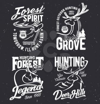 Tshirt prints with deers vector mascots for hunting club. Reindeer on black grunge background. Hunt outdoor adventure team t shirt prints with monochrome stags and typography isolated labels set