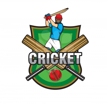 Cricket game icon with crossed bat, ball and player. Cricket team, league championship emblem with player in protective helmet swinging wooden bat, red ball with thread stitching