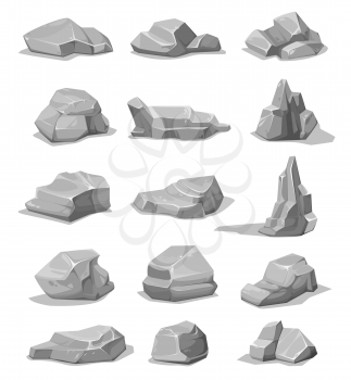 Cartoon rock stones and boulders. Grey rubble, gravel or cobble vector set. Geological materials, rocky pieces of different shapes. Mountain natural ui design elements isolated on white background