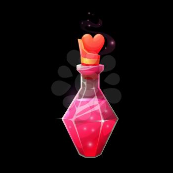 Love potion bottle, vector magic elixir in faceted glass flask with heart bung and aroma vapor with sparks. Ui cartoon design element, witch poison, pink liquid in vial, isolated love alchemy bottle