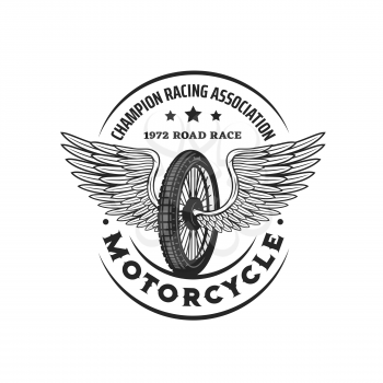 Bike wheel with wings. Racing icon. Motorsport championship association, motocross motorcycle race cup or racing team vintage emblem with old motobike winged spoke wheel and typography