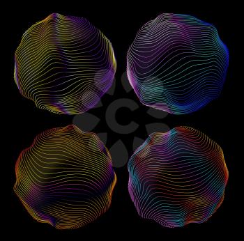 Digital wave glitch round circles, abstract neon light line vector fractals. Glitch wave round circles with mesh pattern, iridescent gradient or holographic bubbles background