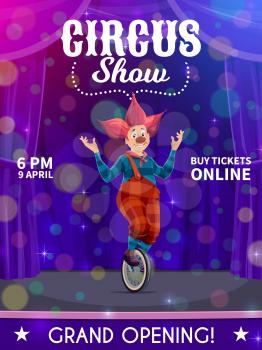 Shapito circus poster, cartoon clown on unicycle, vector funfair carnival show. Circus clown or harlequin performer on unicycle bicycle, entertainment carnival show grand opening poster