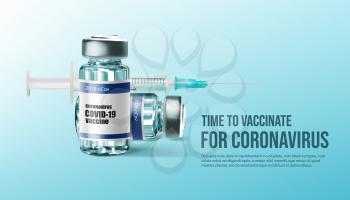 Coronavirus vaccine and vaccination, vaccine bottle and syringe from COID-19, vector. Corona virus or covid 19 banner with vaccine shot injection, pandemic disease protection and global vaccination