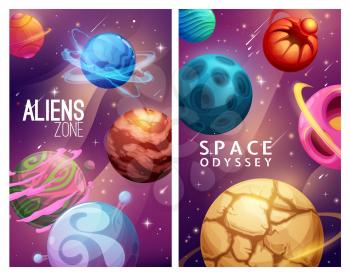Aliens zone and space odyssey. Cartoon galaxy planets and stars. Science fiction worlds, vector alien planets with cracks, craters and water oceans, extraterrestrial live forms home in deep space
