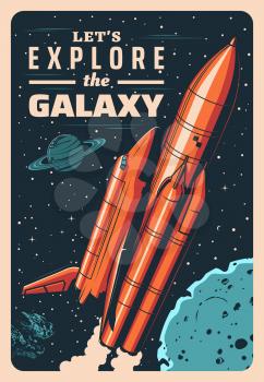 Space rocket and shuttle in galaxy vector vintage poster. Mother missile booster with shuttle on board take off from Earth cosmodrome in Universe. Cosmos research, exploration mission retro card