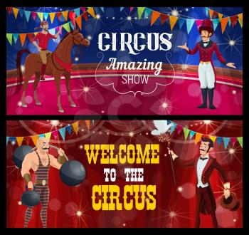 Shapito circus stage, acrobat, magician and strongman, funfair carnival show, vector. Circus funfair carnival or magic show performance of magician illusionist, strongman and horse rider acrobat