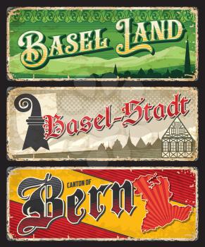 Basel Land, Basel-Stadt and Bern Swiss cantons plates. Vector vintage banners with Switzerland travel touristic landmarks, architecture, map and mountains. Aged retro signs, grunge boards or postcards