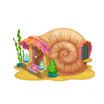 Fairy snail shell house or dwelling of sorceress or sea mermaid. Vector fairytale undersea conch home of curve spiral shape, wooden door, seaweeds and stones on ocean sandy bottom, cartoon building