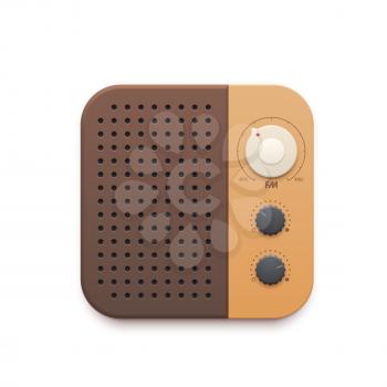 Retro FM radio music app icon, vector old radio station button and speaker. Vintage FM radio tuner application icon with receiver dials and loudspeaker, streaming podcast channel player