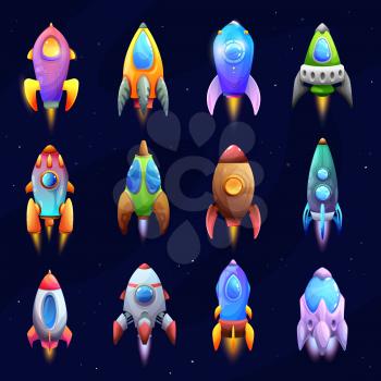 Cartoon spacecraft, rockets and spaceships. Vector space ships, fantasy vehicles with jet engine, portholes and wings for travel in outer space. Futuristic shuttles game asset