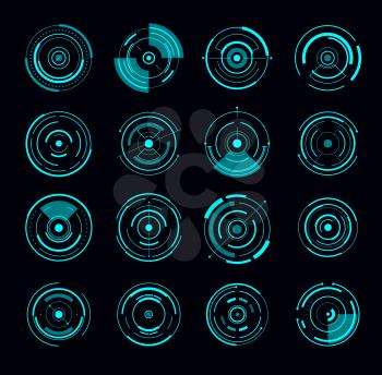 HUD interface round radar futuristic circle. Game interface elements, future or Sci Fi weapon electronic sights designs set, vector infographics circle diagrams, UI interface blue neon light icons