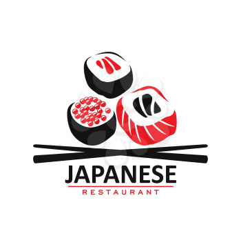 Japanese cuisine restaurant icon, rolls and sticks. Vector emblem for asian cafe with traditional meal of Japan seafood with rice, salmon fish or caviar and bamboo sticks. Red and black colored label