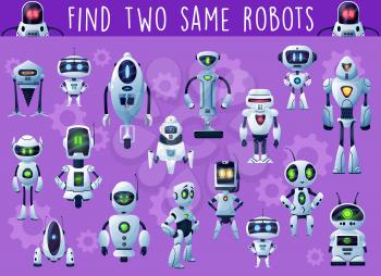 Kids game with robots and droids. Child playing activity, riddle or educational puzzle with find same object task, fantasy robots and alien humanoid cyborgs cartoon vector characters