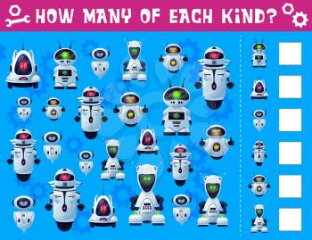 Robots and droids kids I spy game. Children riddle, counting puzzle or quiz book page template with future androids, fantasy robots or alien droids with antennas, wheels and glowing neon light eyes