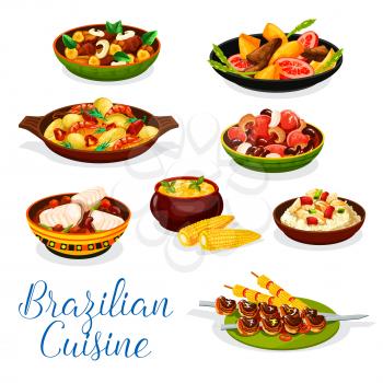 Brazilian cuisine meat and seafood dishes vector design. Grilled beef on skewers churrasco, fish rice, bean stew feijoada and shrimp cod moqueca, corn soup, liver with banana fruit, beef mango salad
