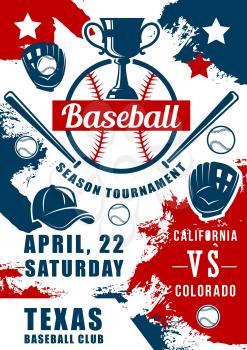 Baseball tournament, sport game match promo design with vector balls, bats and pitcher gloves, winner trophy cup and player uniform cap grunge poster, sporting competition or championship themes