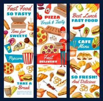 Fast food restaurant delivery service vector banners with takeaway meal and drink menu. Hamburger, hot dog and pizza, fries, chicken and coffee, soda, donut and ice cream, Chinese noodle, Mexican taco