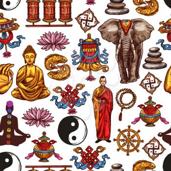 Buddhism religion vector seamless pattern background with oriental religious sacred symbols. Buddha, buddhist monk and yoga, lotus, yin yang and dharma wheel, om, prayer wheels and elephant sketches