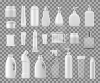 Cosmetics containers, realistic plastic bottles 3d packages. Vector blank mockup of cream jar, toilet or bath cleanser, soap dispenser or perfume atomizer, lotion tube and shampoo bottle