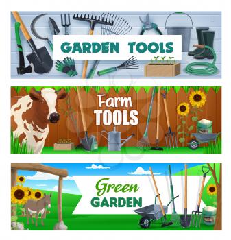 Garden and farm tools, agriculture and farming vector equipment . Shovel, rake and lawn mower, fork, spade and trowel, bucket, watering can and hose, wheelbarrow, scissors, prunes and gloves