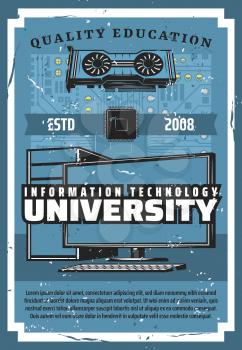 Information technology education, retro vector poster. IT education, digital electronic networks, computer web programs and mobile applications development study