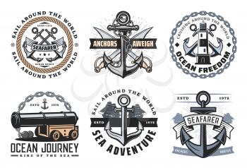 Nautical ship icons, ocean spirit and anchors aweigh quotes. Vector marine heraldic symbols of frigate cannon and crossed pirate swords, boat anchor rope and lighthouse, ocean adventure