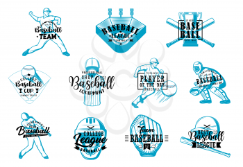 Vector professional baseball players and sport equipment shop, champion winner tournament cup. Baseball championship, school or college team and league club lettering icons
